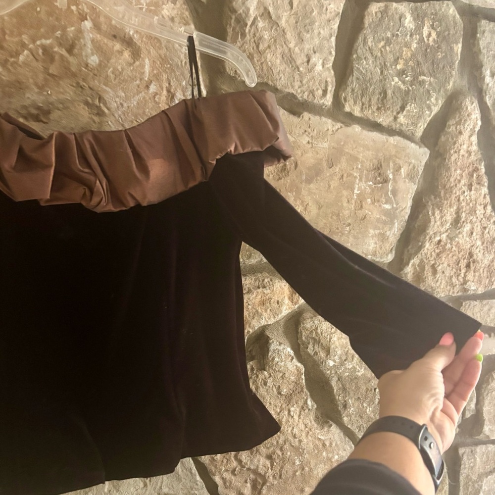 Alex Evenings Black and Brown Off-Shoulder Jumpsuit
